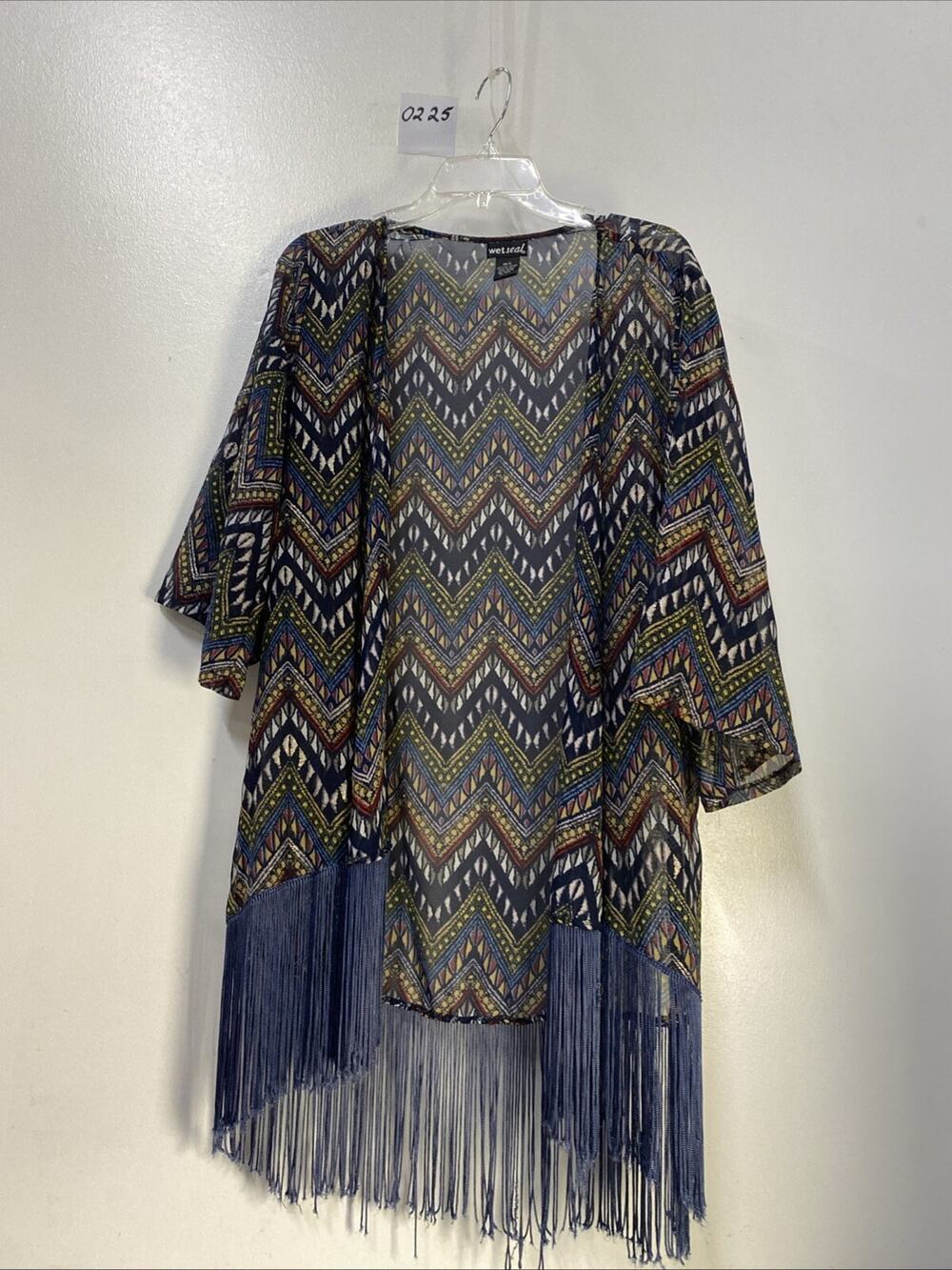 Women’s Wet Seal M/L Gray Multicolor Duster Cardigan Fringe Accent